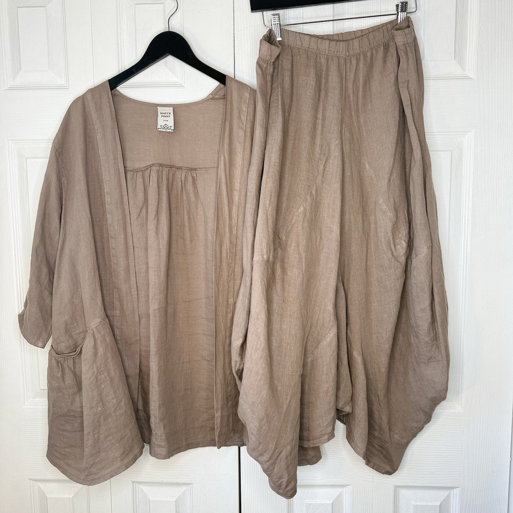 Match Point Linen Skirt Set Large Lagenlook Earthy Boho Draped Brown Jacket